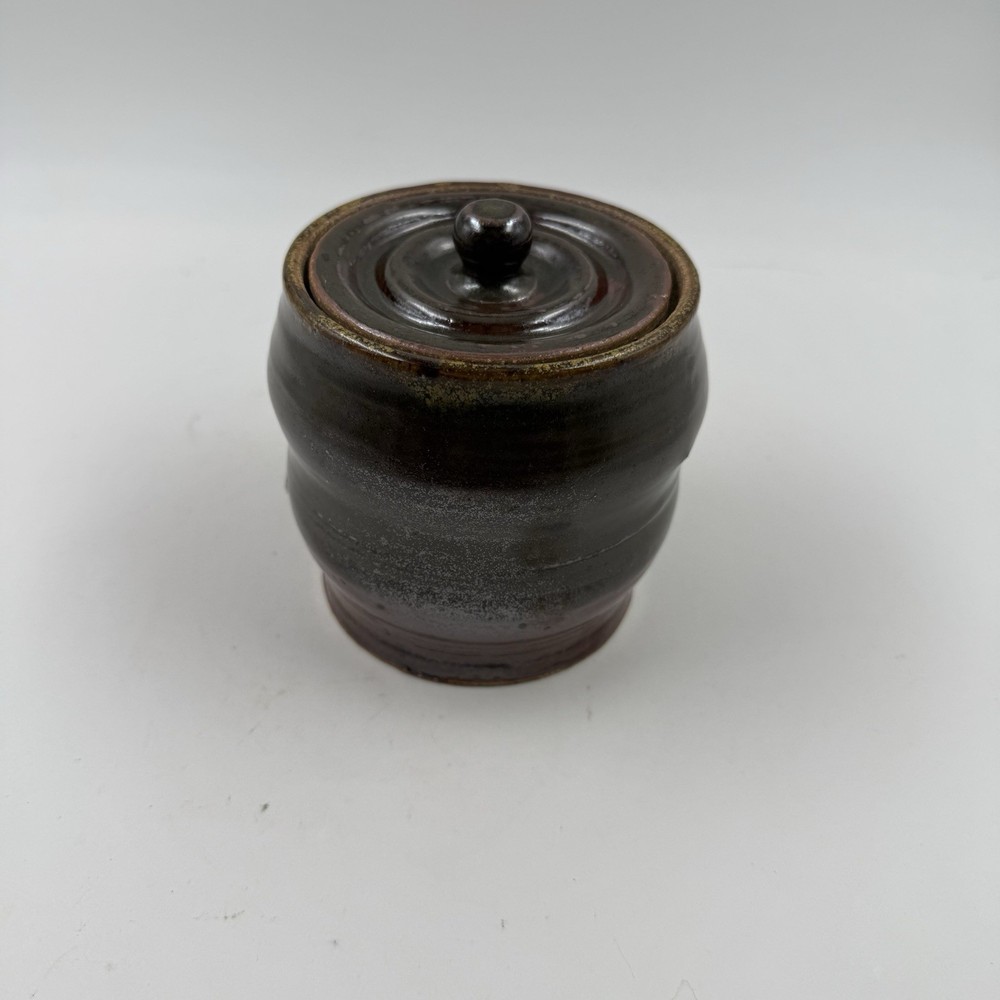 Studio Art Pottery Ceramic Lidded Pot, Unmarked, Dark Brown, Ribbed Body