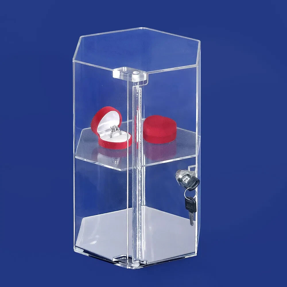 Mirrored Bottom Clear Acrylic Single Shelf Rotating Hexagon Display Case