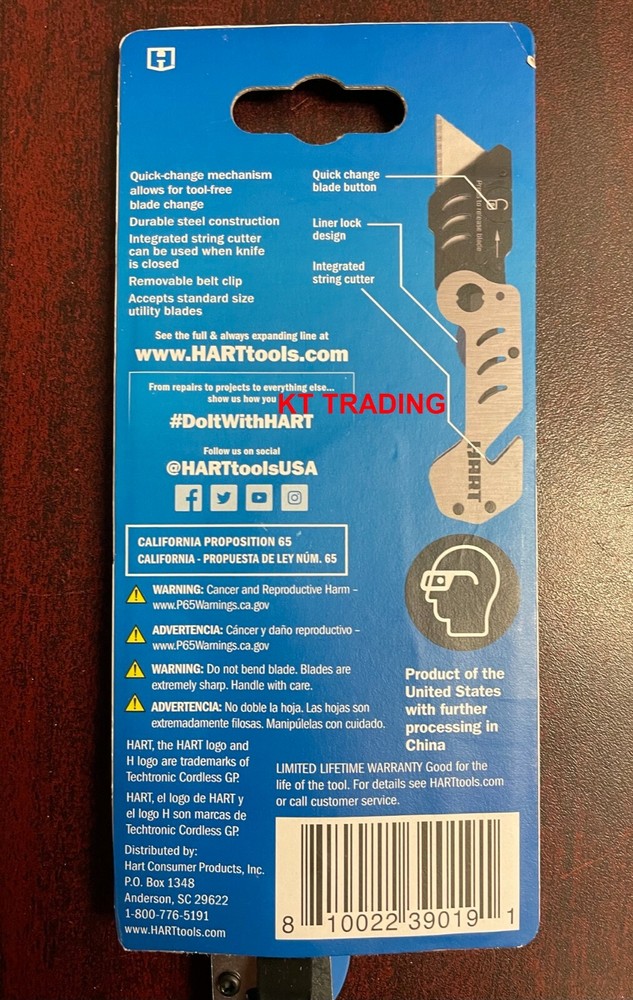 HART Micro Folding Quick-Change UTILITY KNIFE with LINER LOCK & STRING CUTTER