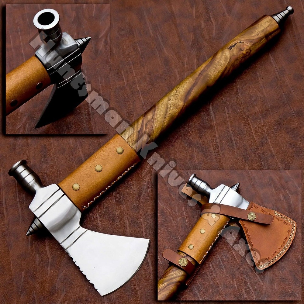 Forged Damascus Steel American Native functional Smoke pipe Tomahawk ( pole Axe)