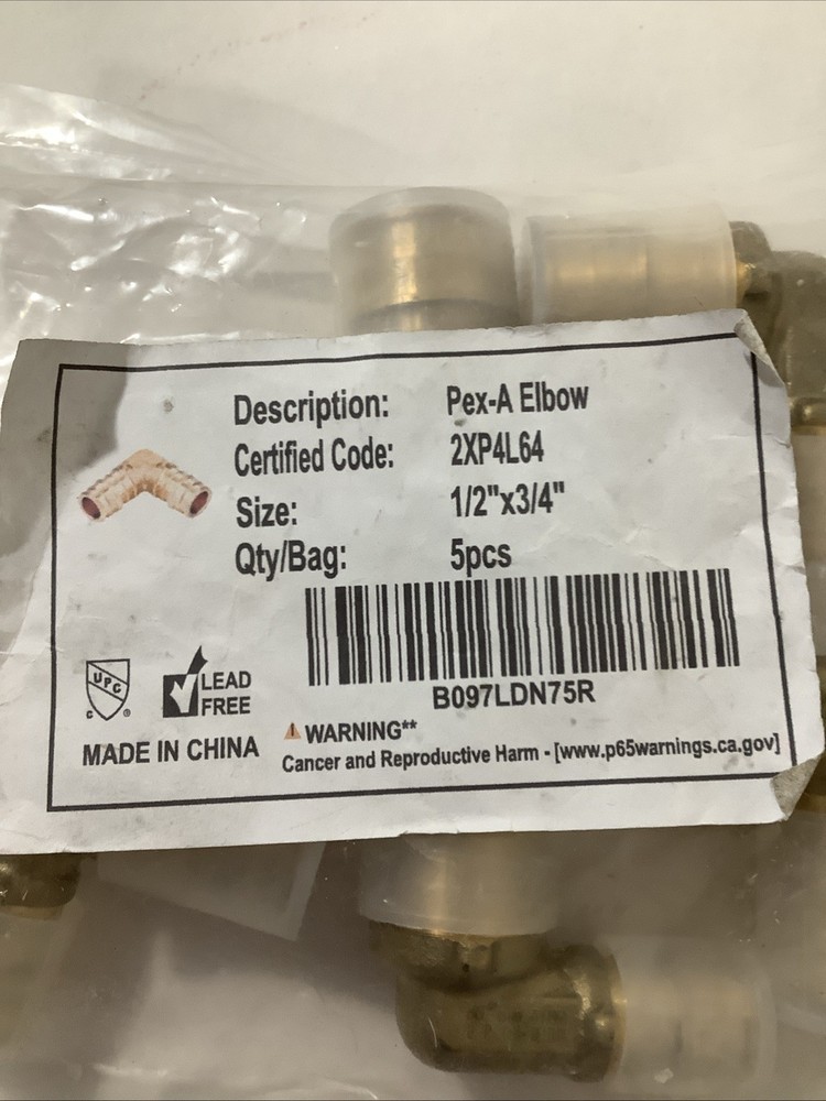 PEX A 5 Pack Fitting 1/2" X 3/4" Elbow Plumbing Accessories 2XP4L64 Efield