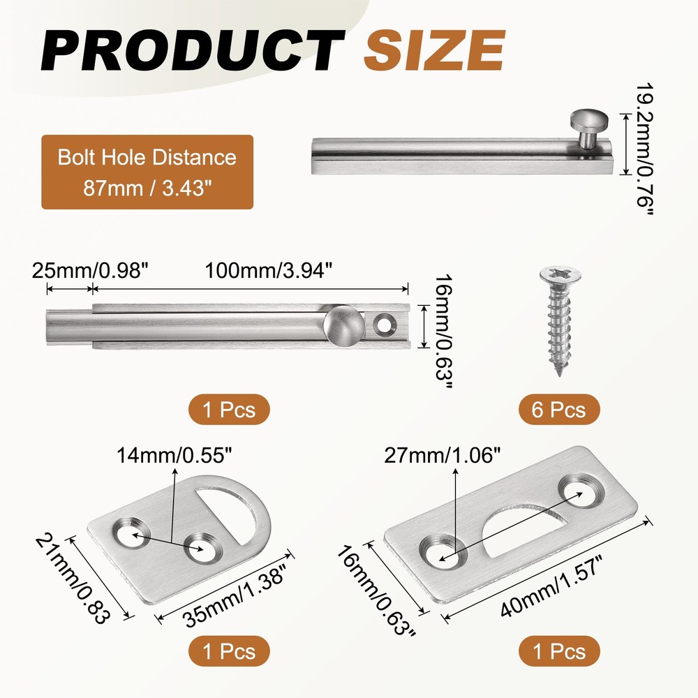 4" Solid Brass Surface Bolt, Brushed Slide Latch Door Lock, Silver