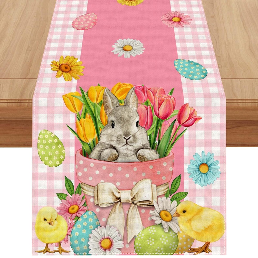 Pink and White Buffalo Check Plaid Easter Table Runner Easter Egg Bunny Chick ..