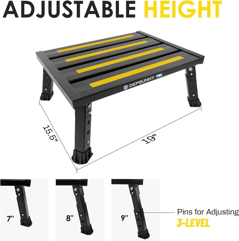 Adjustable Height Aluminum RV Step Stable Foldable Platform Stool Non-Slip New