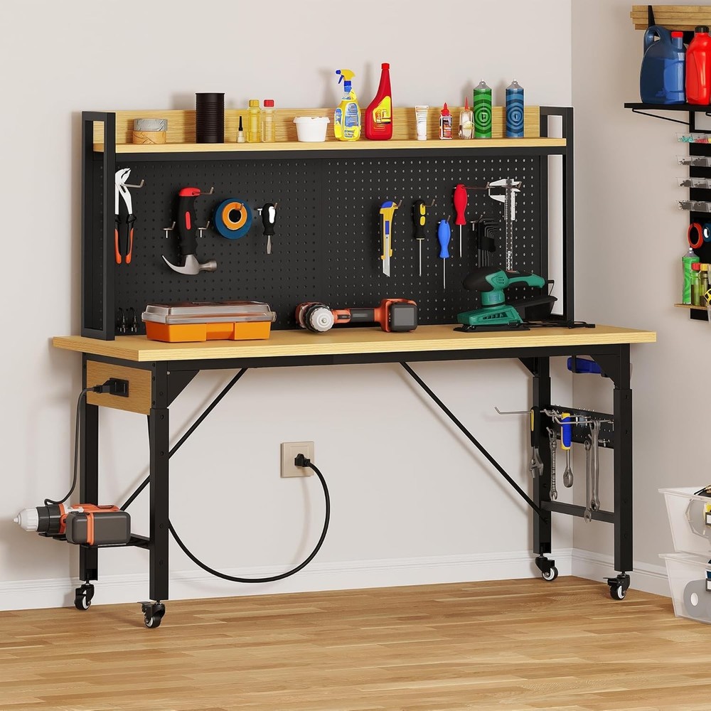60” Adjustable Heavy-Duty Workbench with Pegboard & Wheels – 1600 LB Capacity