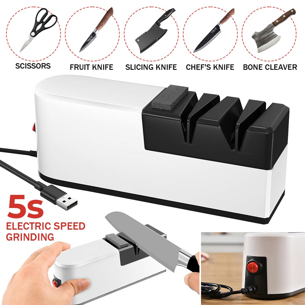 USB Electric Knife Sharpener 3 Stage Kitchen Sharpening Stone Grinder Scissors