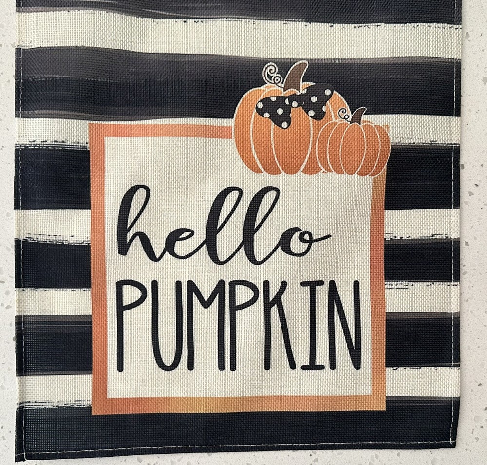 Fall Table Runner HELLO PUMPKIN Autumn Farmhouse Stripe Burlap