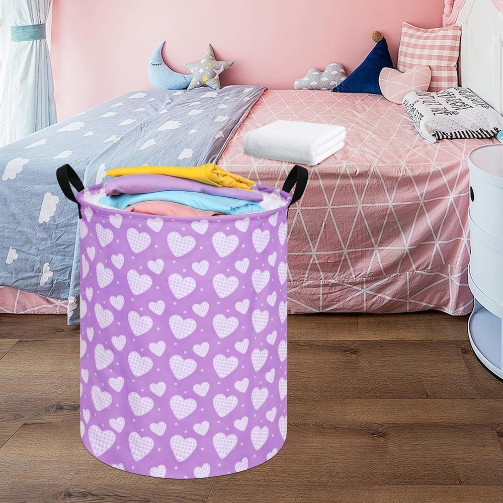 Round Valentine's Heart Pattern Laundry Hamper Clothes Storage Basket Fabric ...