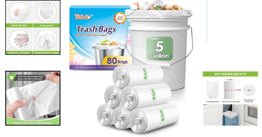 Durable 5 Gallon Medium Trash Bags - 80 Clear Bin Liners for Effortless Cleanup