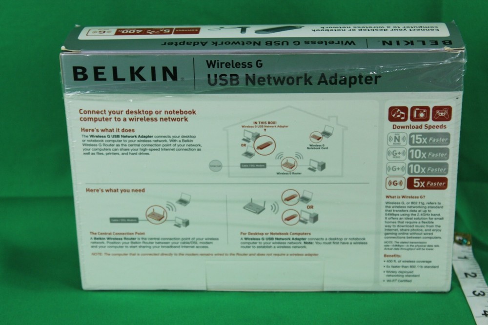 NEW OPEN BOX BELKIN USB WIRELESS ADAPTER G COMPLETE WITH STAND SOFTWARE MANUAL