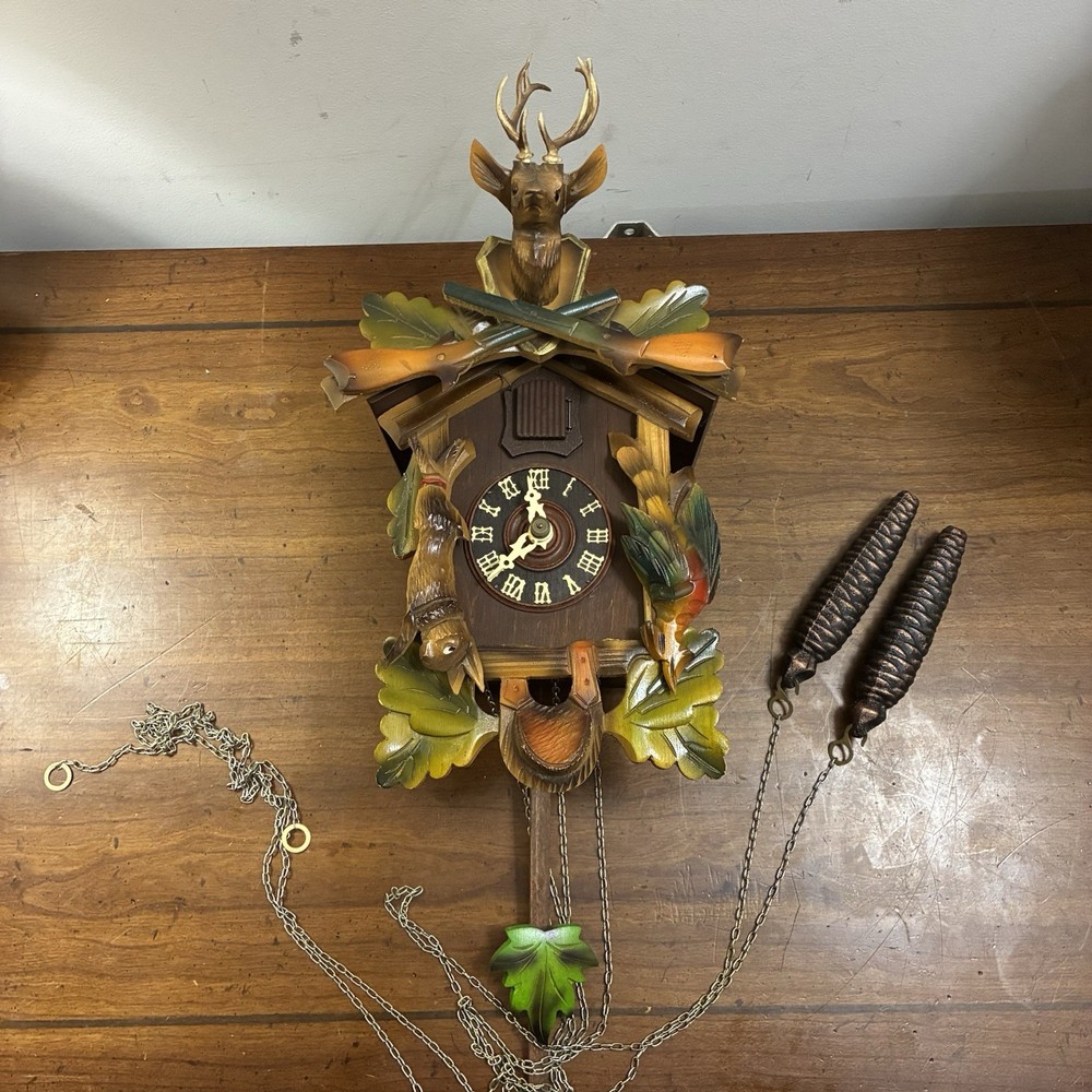 Vintage German Hunting Theme Cuckoo Clock Complete EUC Multicolor Untested