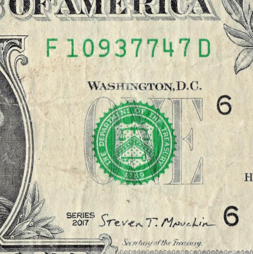 $1 Dollar Bill USD Miscut Error, Slight Misaligned Miscut 2017 Circulated