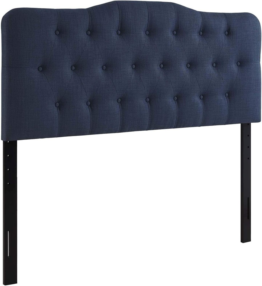 Annabel Tufted Button Linen Fabric Upholstered Queen Headboard in Navy