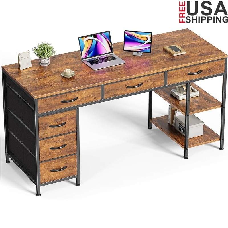 6 Drawer Computer Desk Reversible Storage Multi-Functional Home Office Gaming US