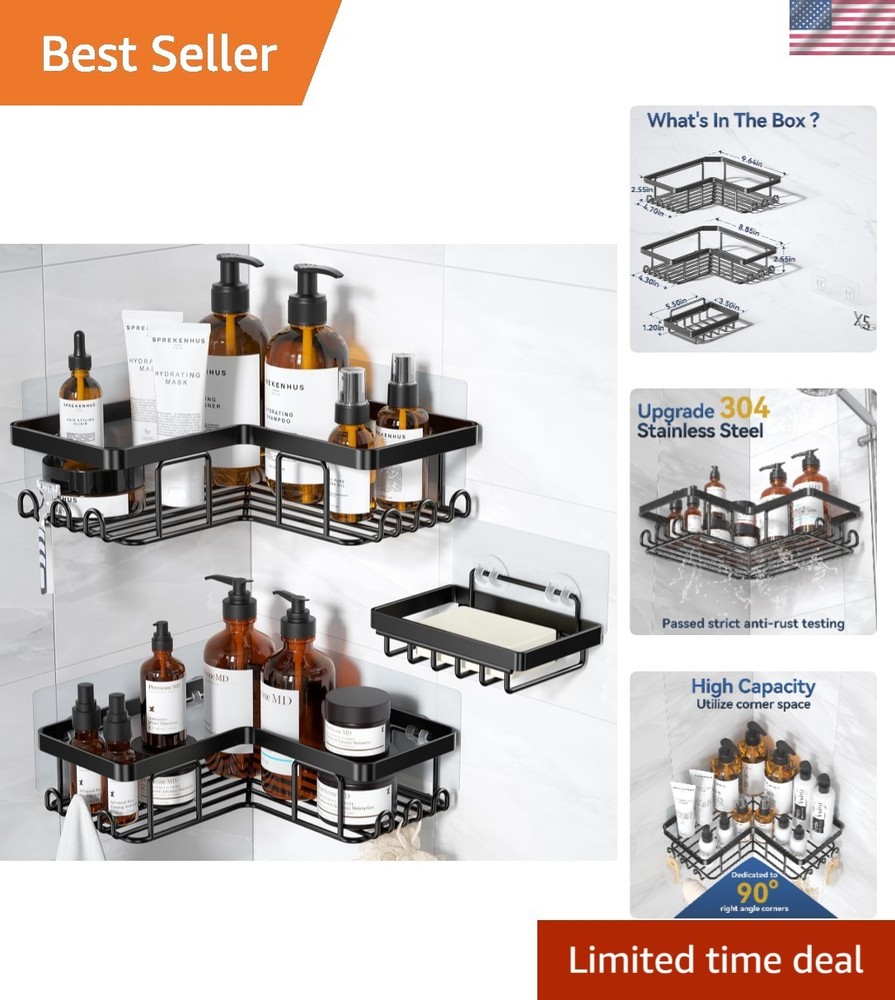 Corner Adhesive Shower Caddy, with Soap Holder and 12 Hooks, Rustproof Stainl...
