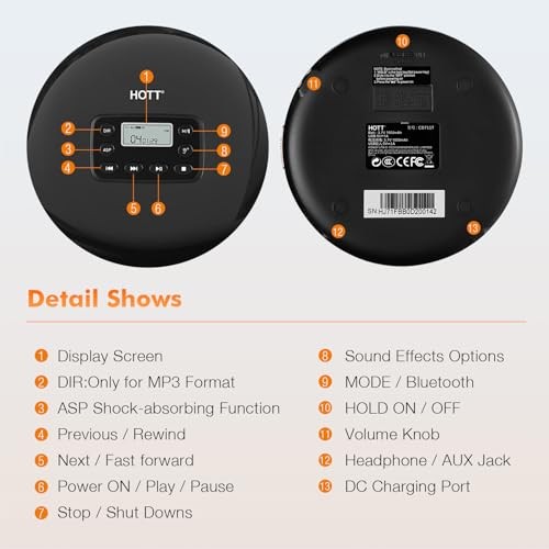 CD Player Portable 5.1 Bluetooth CD PlayerTouch Button and LCD Display