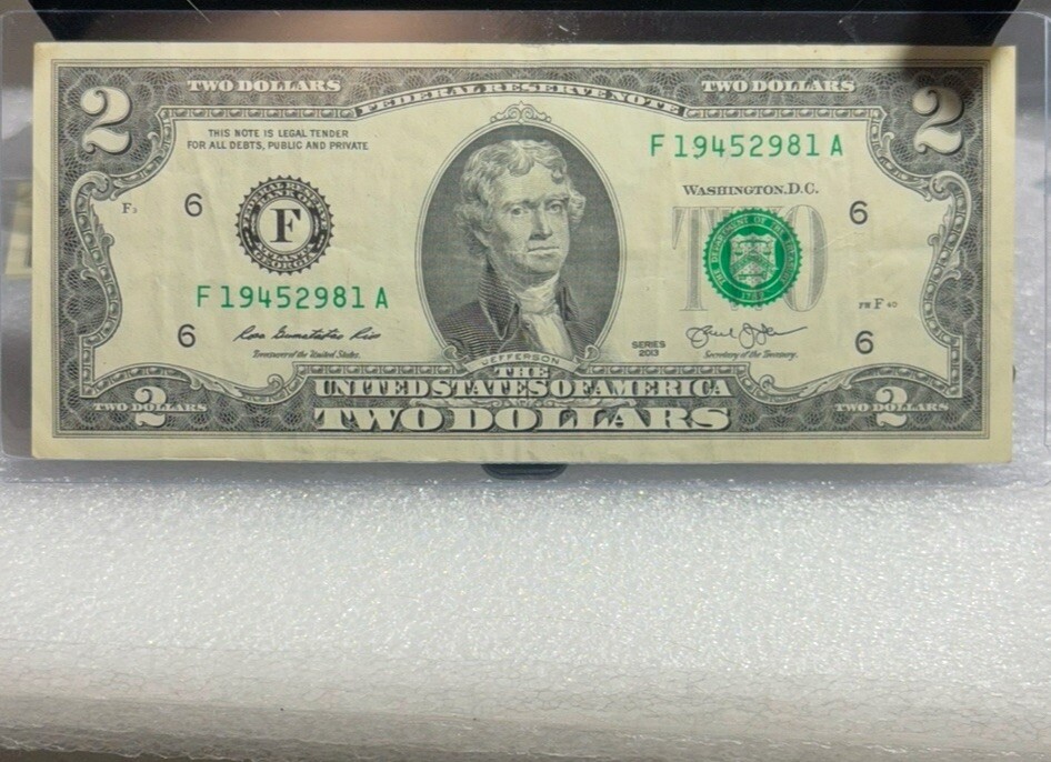 2013 $2 Error Note Off Centered, Miscut W/Ink Bleeds Excellent Condition
