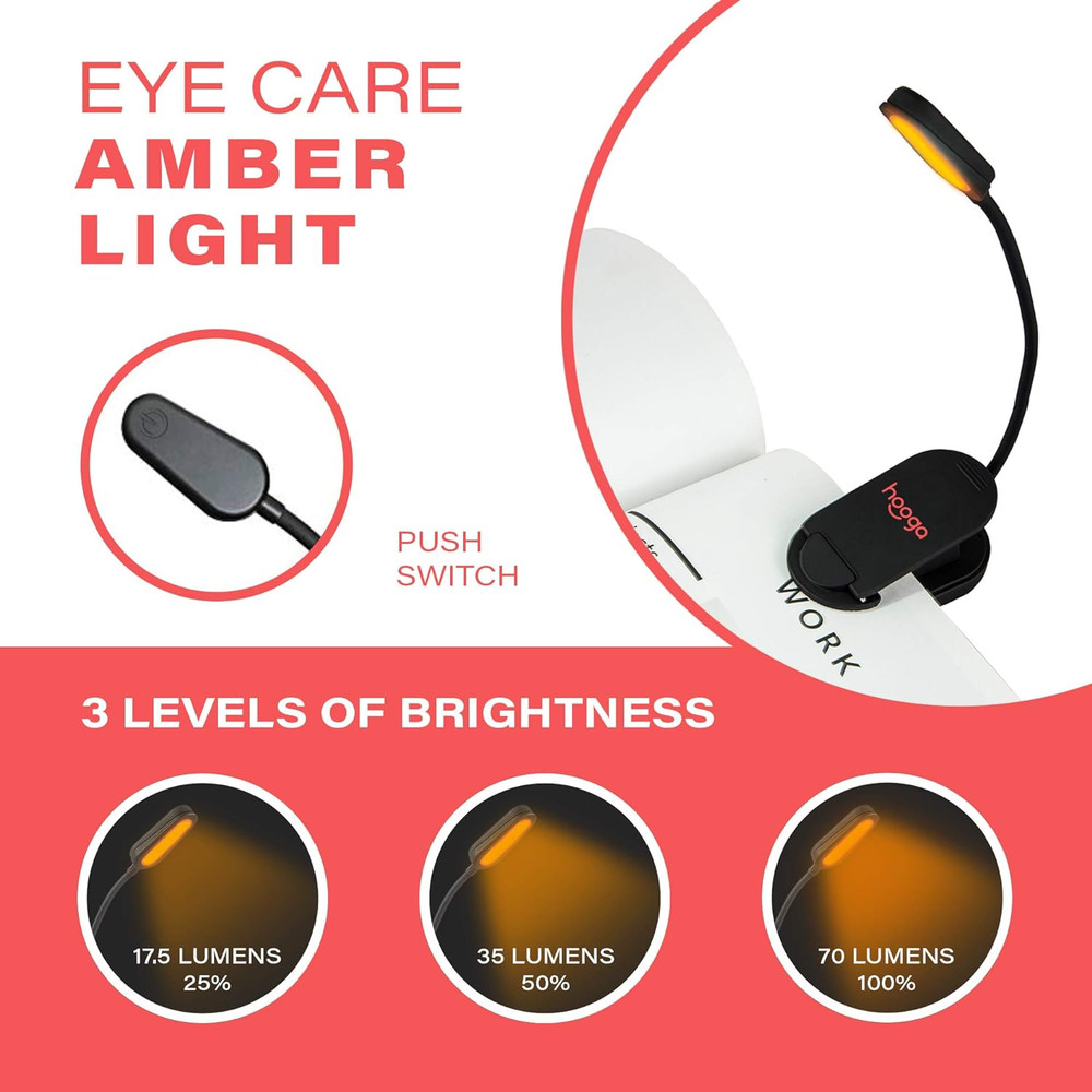 Book Light, Rechargeable Clip On Blue Blocking Amber LED Light for Amber Light
