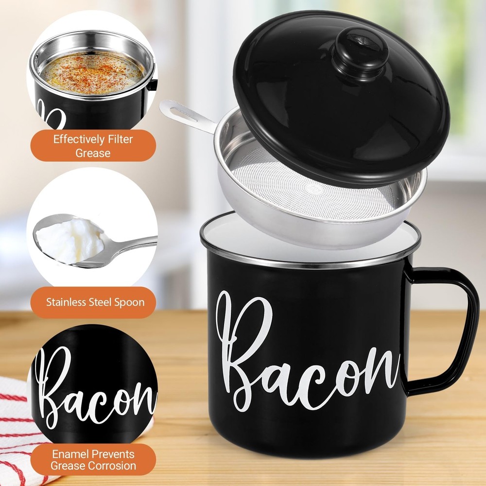 Bacon Grease Container with Strainer - Mini 15oz Enamel Grease Container, Far...