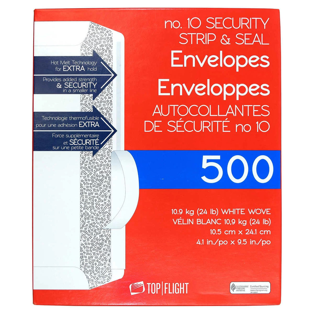 Top Flight No 10 Security Strip and Seal Envelopes, White - 500 Count