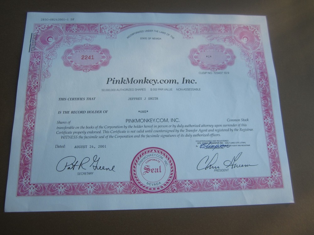 2001 - PINKMONKEY.COM Inc. -  Stock Certificate - Nevada