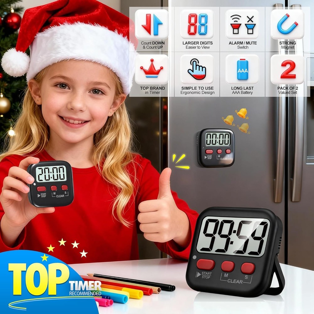 Antonki 2 Pack Digital Kitchen Timer Magnetic Countdown Kids Cooking Study Clock