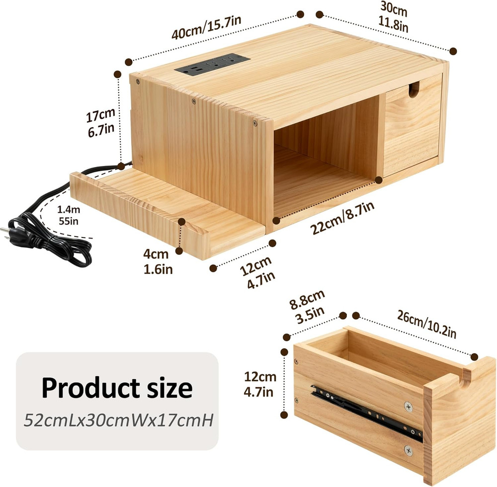 Modern Floating Nightstand with Charging Station & Drawer - Solid Wood Design