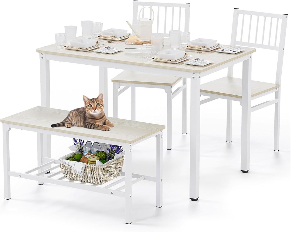Beige 4-Piece Dining Table Set with 2 Chairs and Bench, 110CM