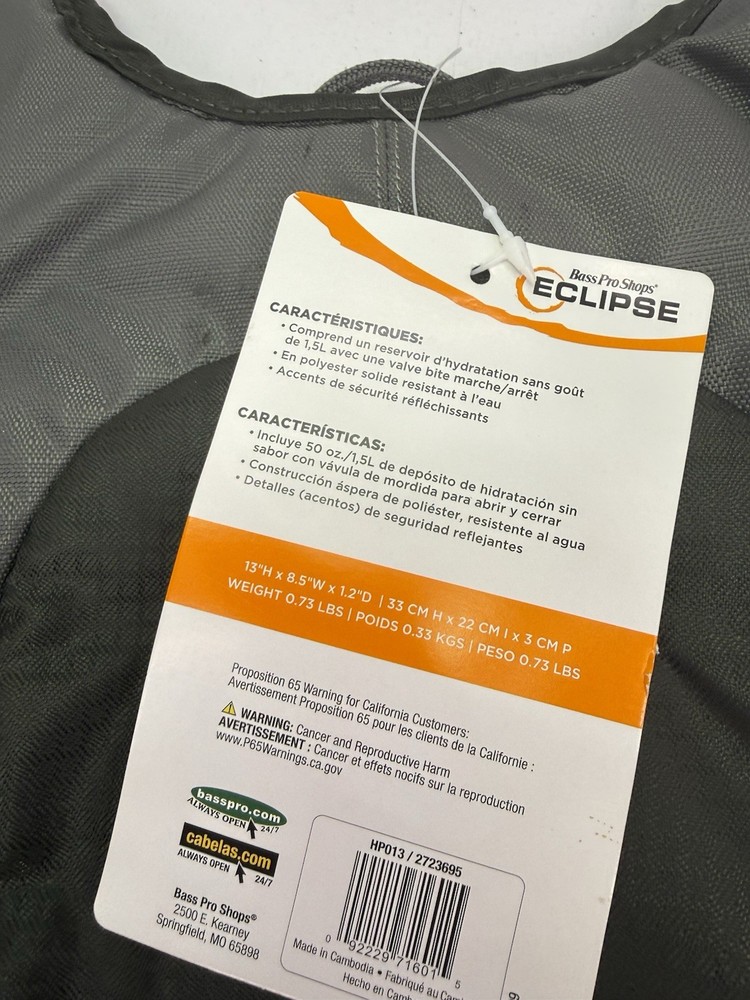 Bass Pro Shops Eclipse 1.5L Hydration Pack Gray New