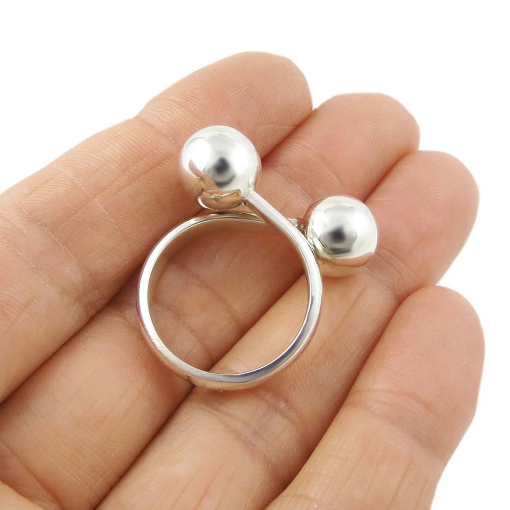 Solid 925 Sterling Silver Twin Ball Ring Modern Art Inspired Adjustable Band