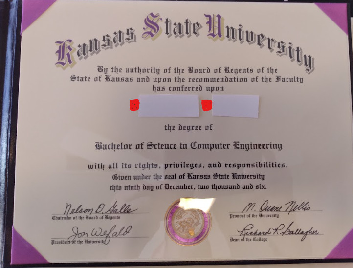 Kansas State University Bachelors Degree, Major Computer Engineering (2006)
