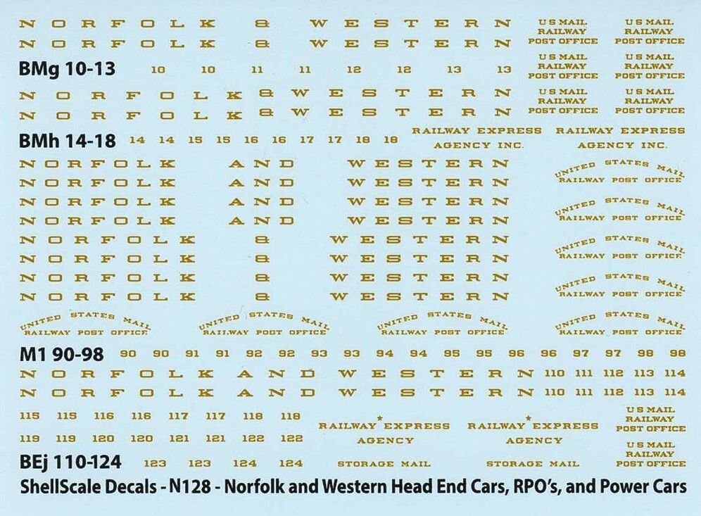 N128 - Norfolk and Western Headend Car DECALS N Scale - ShellScale Decals