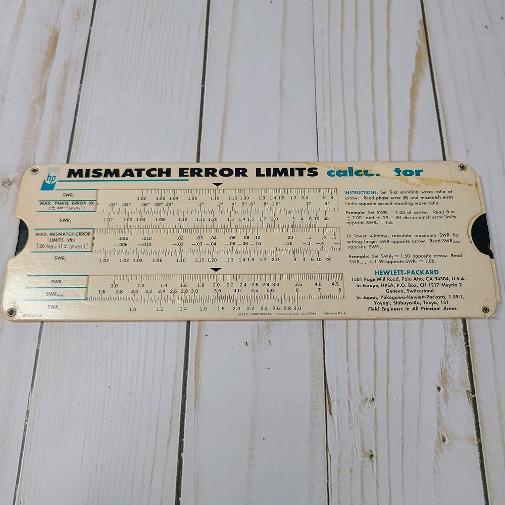 HP Reflectometer/Mismatch Error Limits Slide Rule Calculator 1976