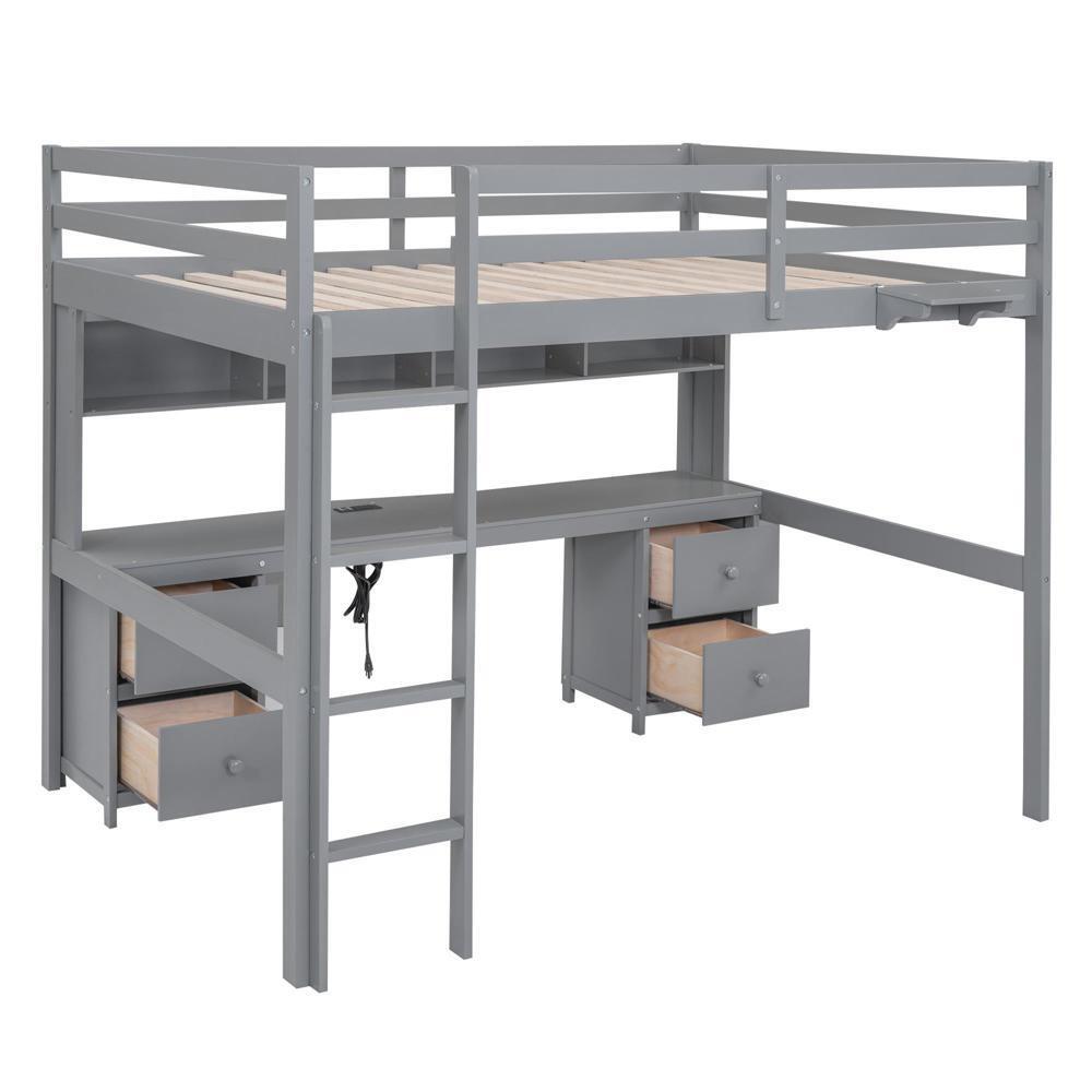 New Practical Modern Full Size Loft Bed with Desk Cabinets Bedside Tray Charging