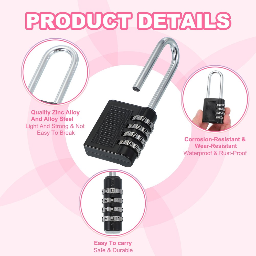 1 Pack Combination Locks Long Shackle 4 Digit Combination Padlock Black