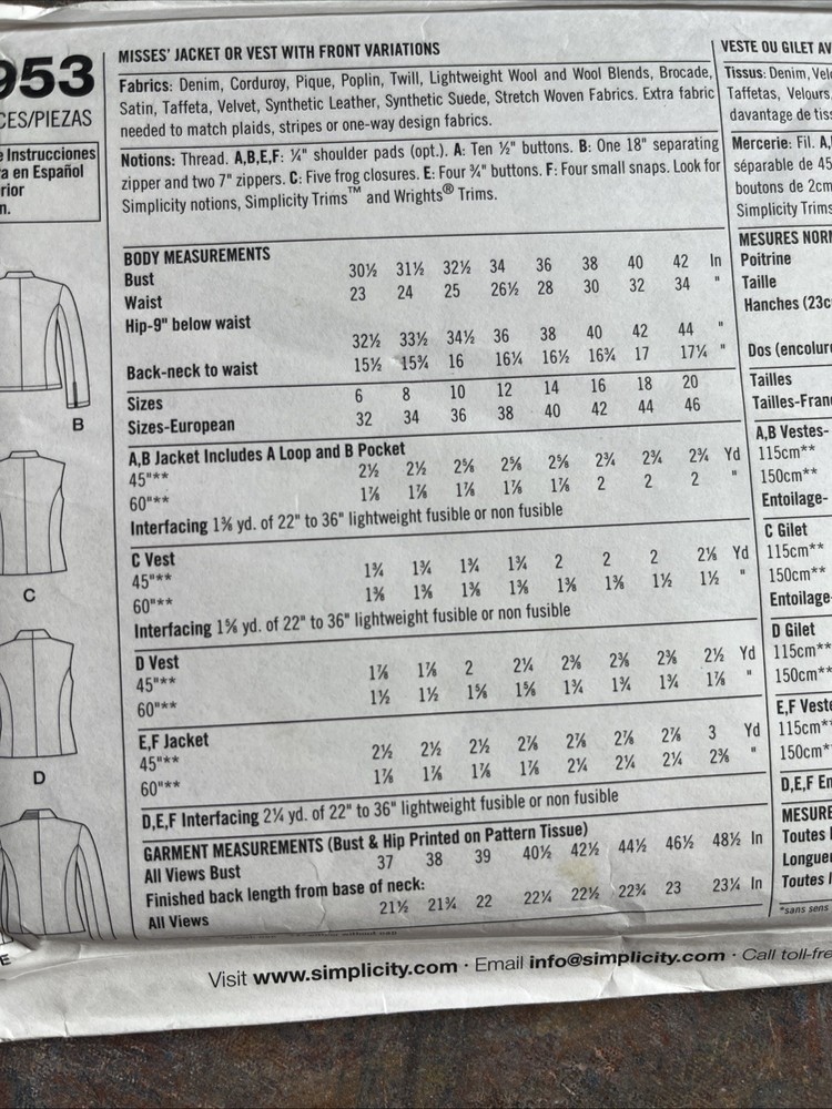 Simplicity 4953 Jacket or Vest w/ sash button variations SEWING PATTERN SZ 6-12