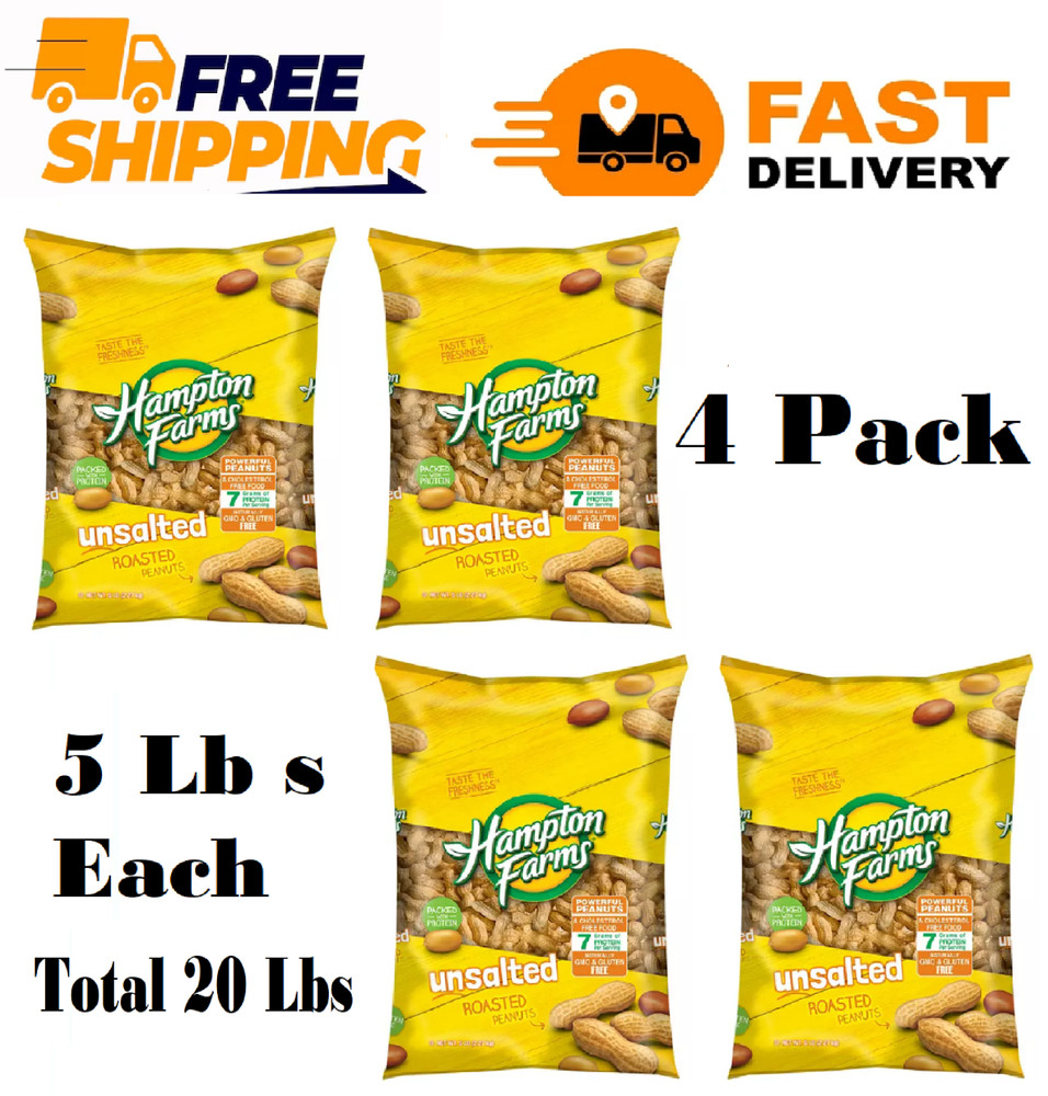 4 PACK Hampton Farms Unsalted In-Shell Peanuts (20 lbs. TOTAL )
