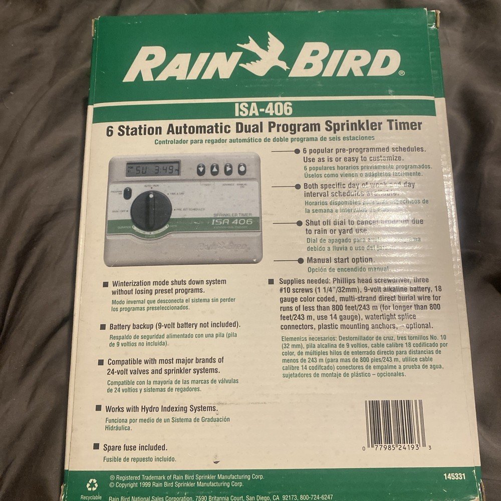 Rain Bird ISA-406-RS Irrigation Timer - 6 Station Duel Program Sprinkler Timer