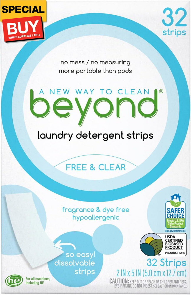 Laundry Detergent Strips [32 strips] - Free & Clear - Eco-friendly, Hypoallergen