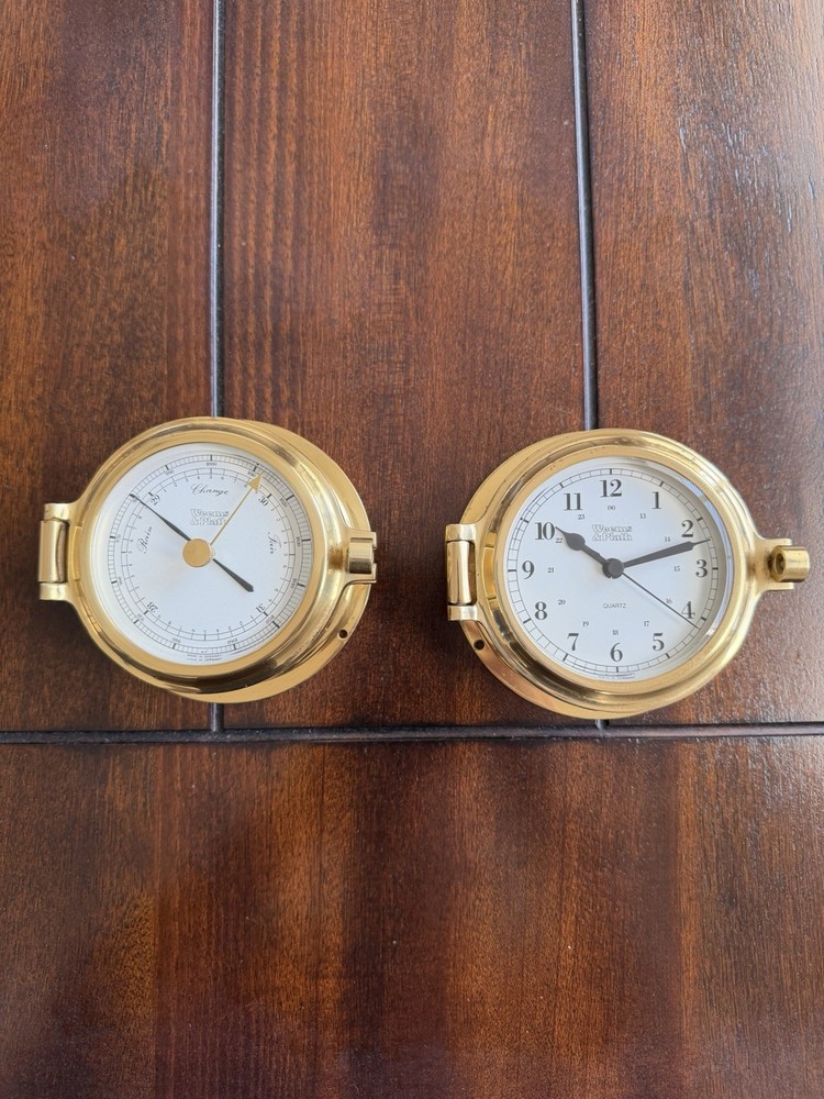 Weems & Plath Brass Porthole Clock & Barometer Set Germany