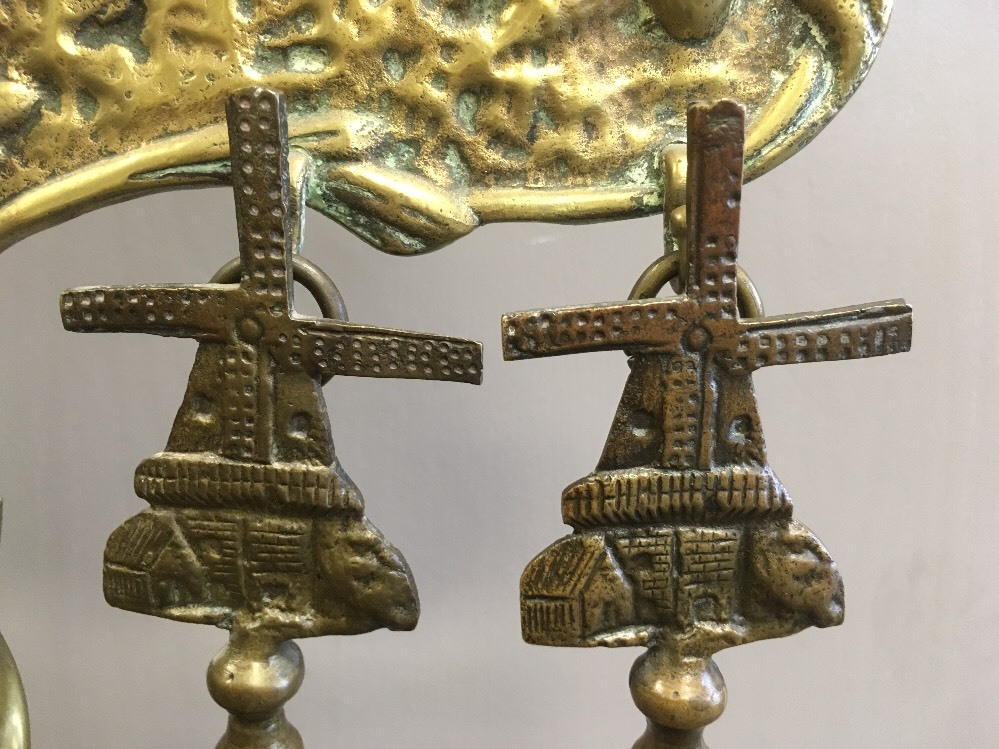 WINDMILL FIRE PLACE TOOLS ANTIQUE BRASS DUTCH 1850, CAST DESIGN