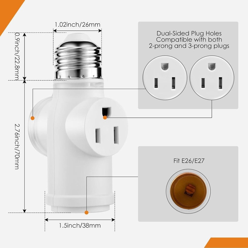 Light Socket Adapter 3 Prong Splitter Waterproof Dustproof White 2-Pack