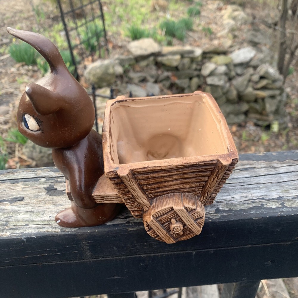 Vintage 1974 Ceramic Easter Bunny Rabbit Pulling Cart Candy Dish,Hand Painted 6"