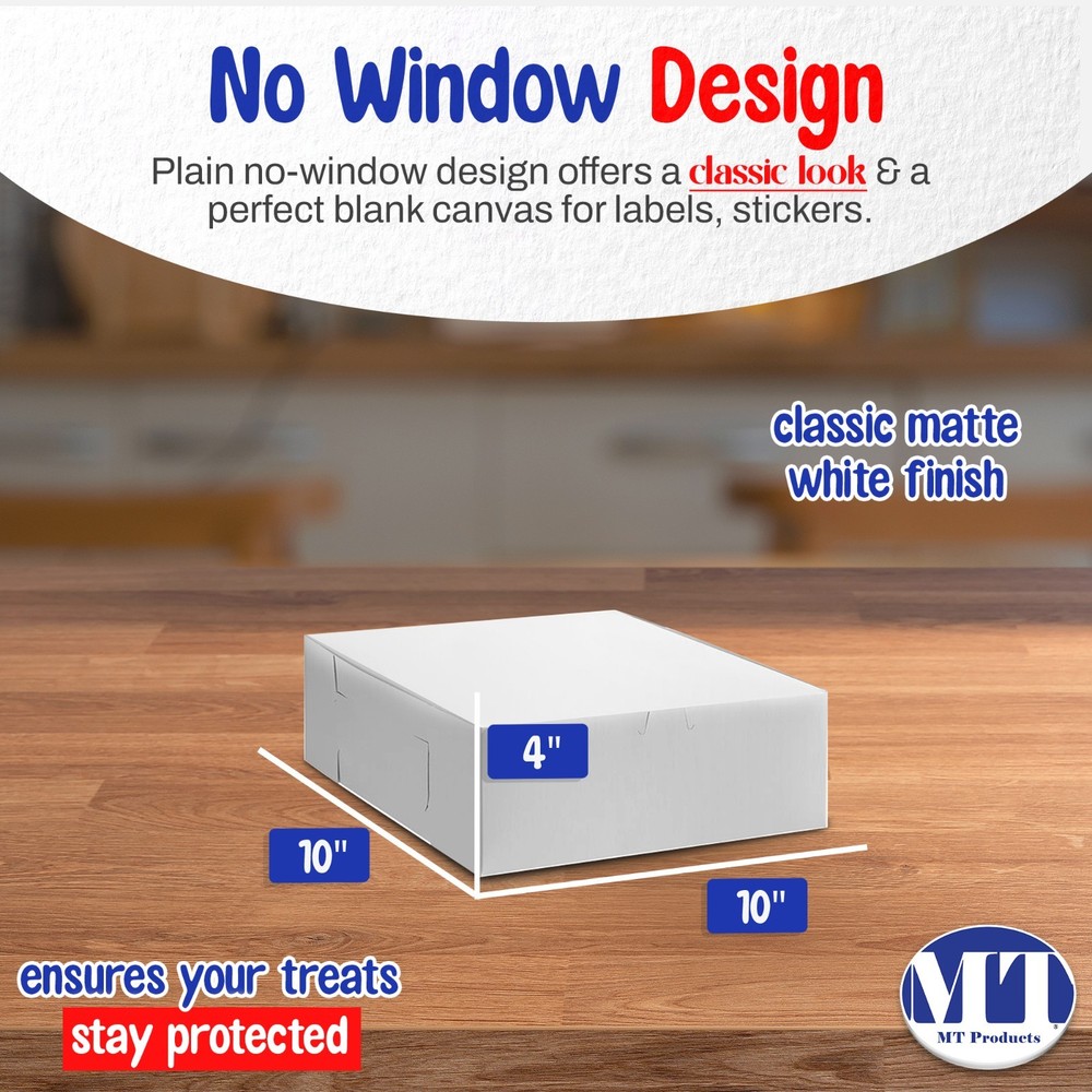 MT Products 10" x 10" x 4" White Bakery Boxes (100 Pack) - Cake Box