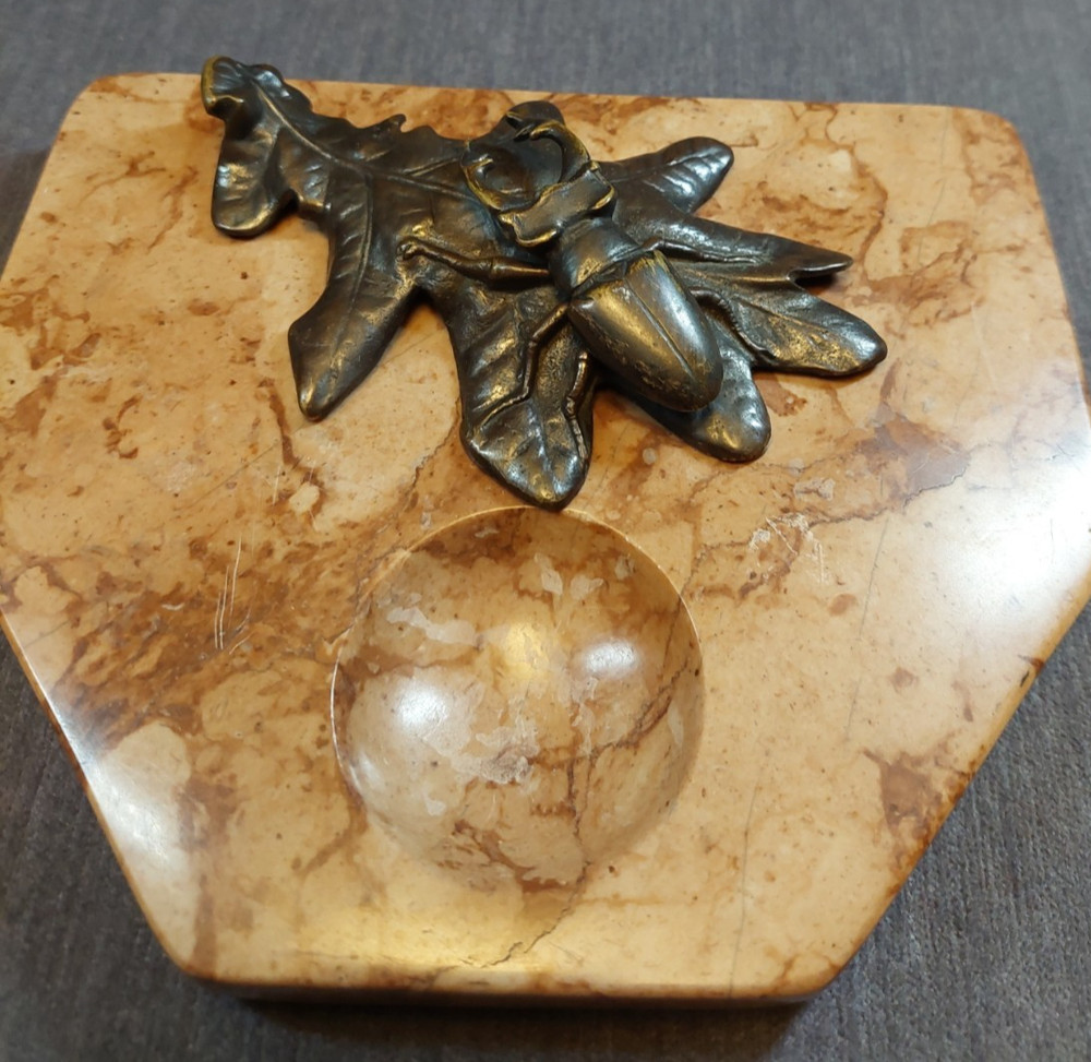 Unique Figural Desk Accessory, Bronze Scarab on Leaf Mounted on Marble Base