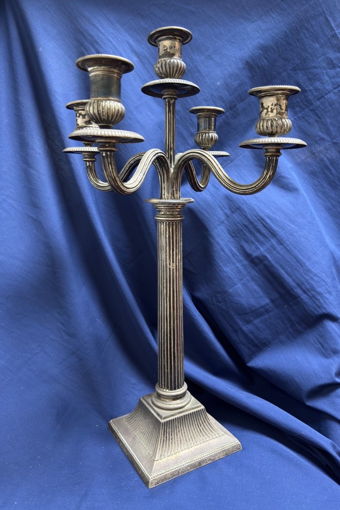 Pair Solid Silver 5-Light Candelabra Neoclassical Column Candlesticks 2.9lb Each