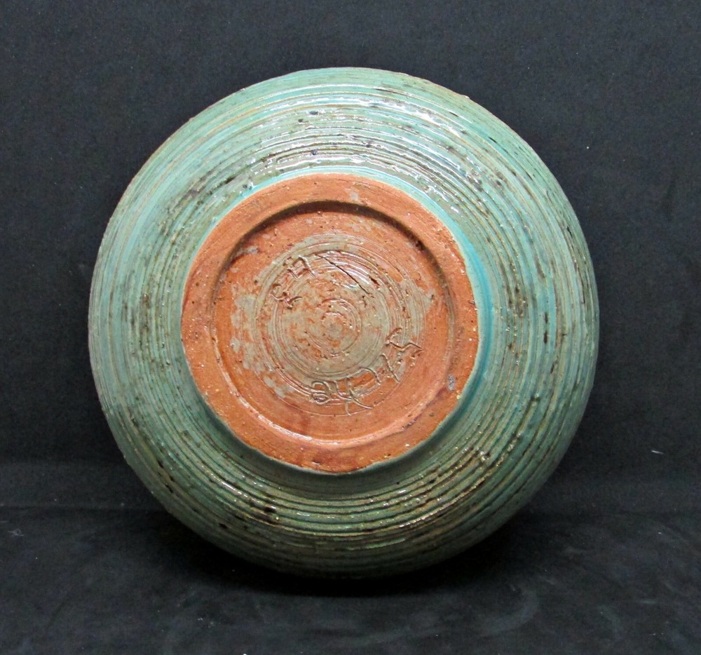 Heavy Celadon Vessel w/ Raked Surface on Body - Great Horizontal Texture