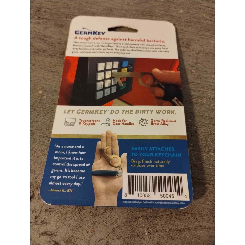 Germ Key - Solid Brass Antimicrobial Personal Touch Hook Device New In Package