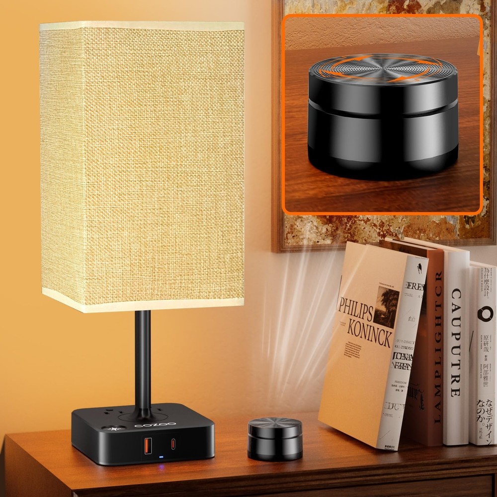 Bedside Lamp with Remote Control & Dimmable Light, 2 AC Outlets + USB-C/USB-A...