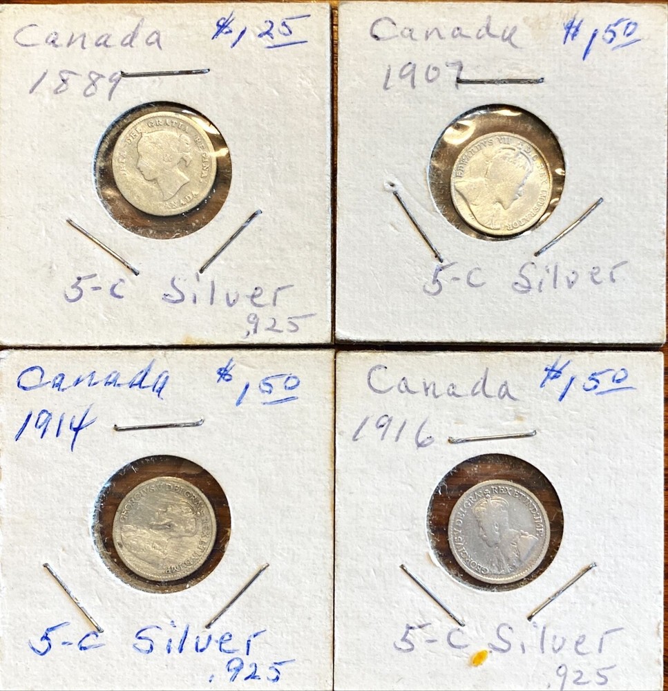 1907, 1914, 1916, unknown   4 pcs Canada 5 Cent Silver
